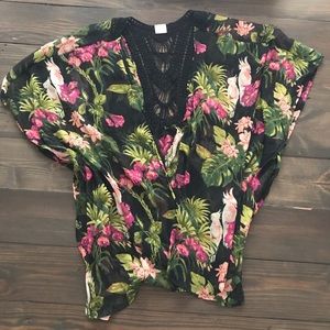 Black crochet pink floral printed kimono cover up